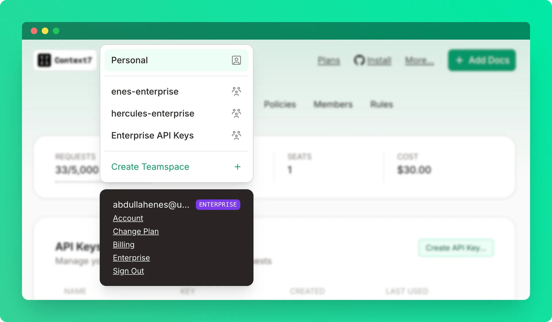 Create teamspace dropdown